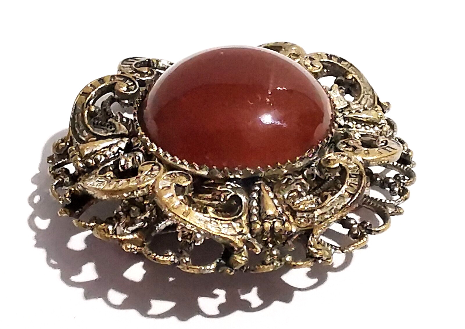 Vintage Czech Brown Glass Brooch Pin Silvered Brass Ornaments Dragon Handmade