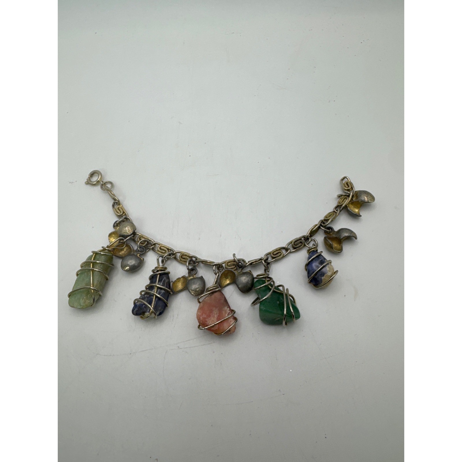 Vintage Wire Wrapped Raw Gemstone Nugget Charm Bracelet Mixed Metal Boho 7.5″