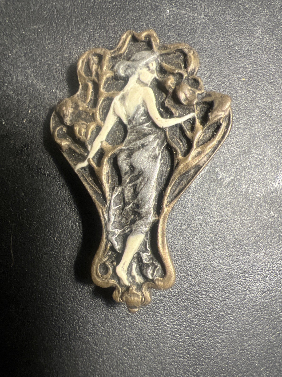 Vintage Art Nouveau Lady Brooch Enamel Copper England