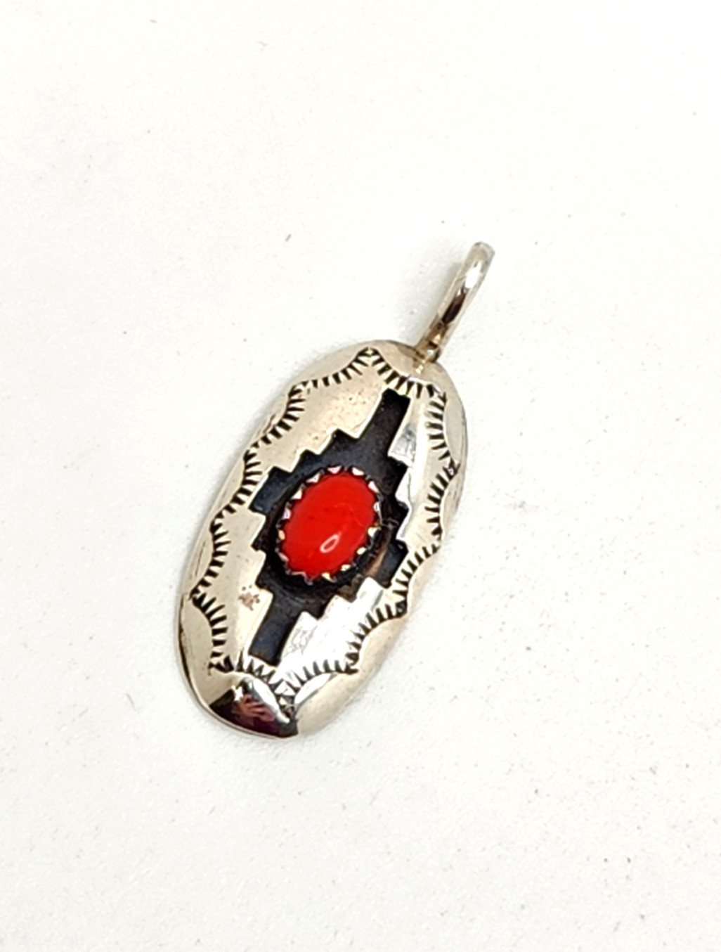 Sterling Silver Coral Cabochon Oval Shadowbox Pendant, Signed P, 1 1/8″ Tall