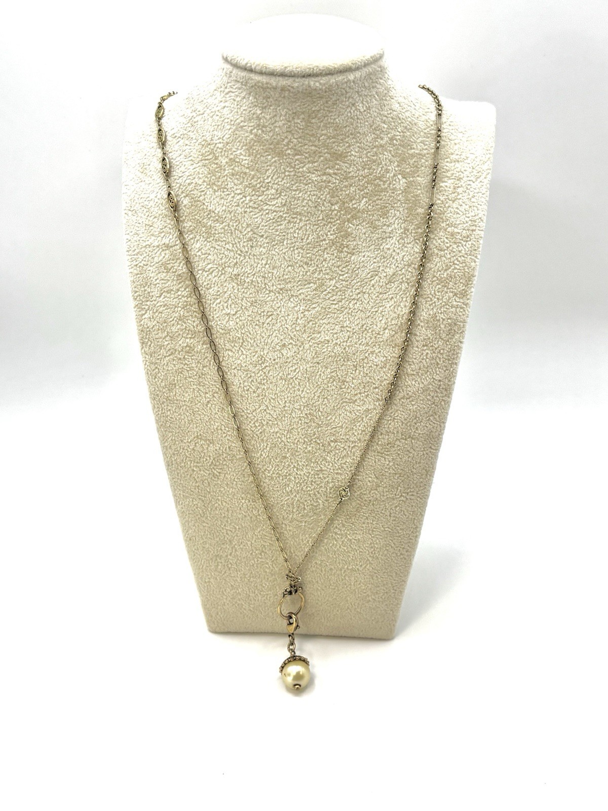 Danish Design Pearl Charm Holder Necklace 24-30″ Antique Brass Stations