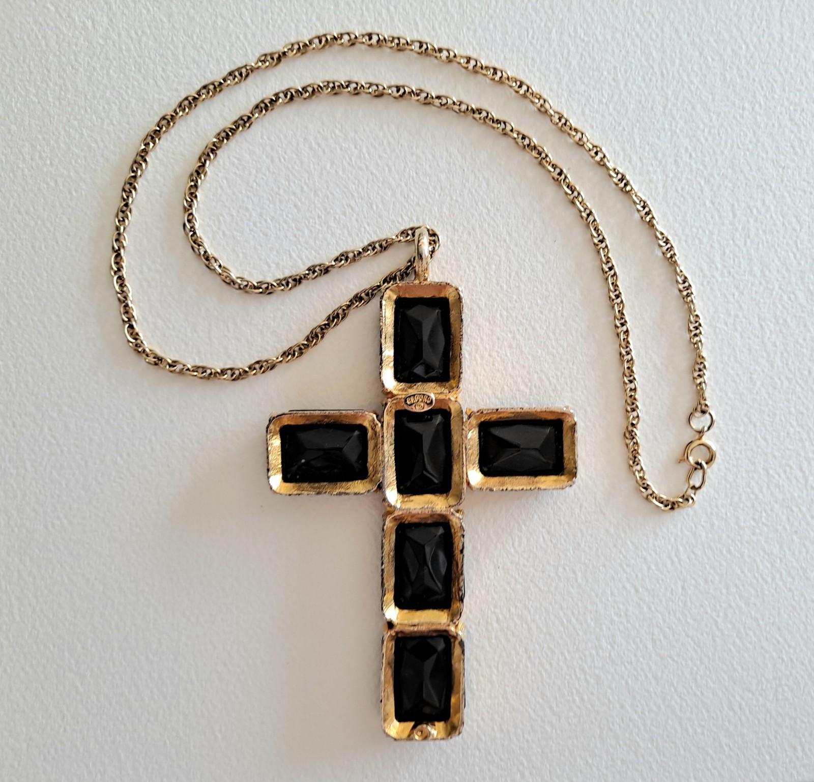 Vtg. CADORO, LG. Cross Gold Plated, Black Glass Pendant Necklace Statement Piece