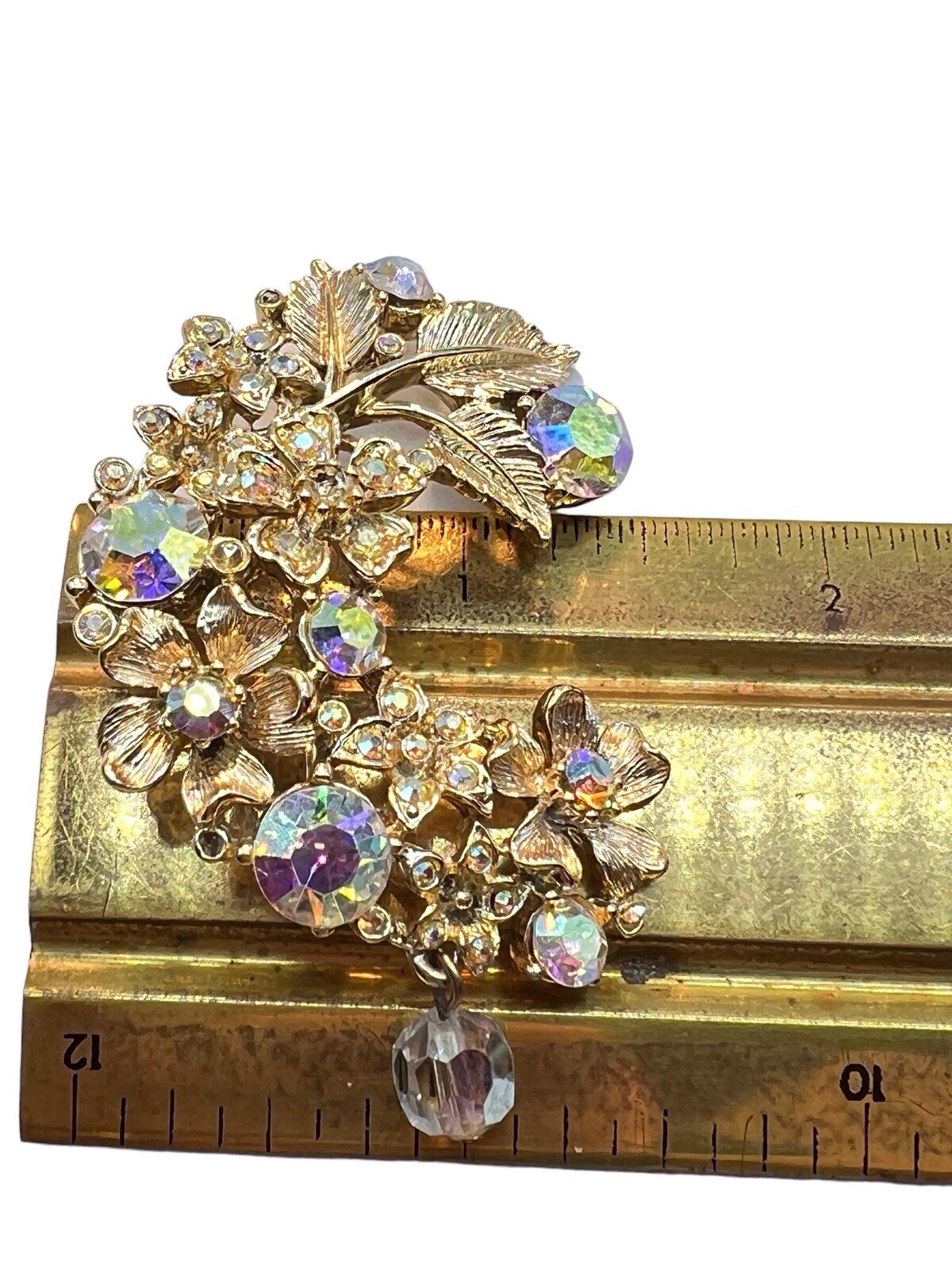 Crescent AB Rhinestone Brooch Floral Swag Dangle Bead Gold Tone Mid Cent READ B3