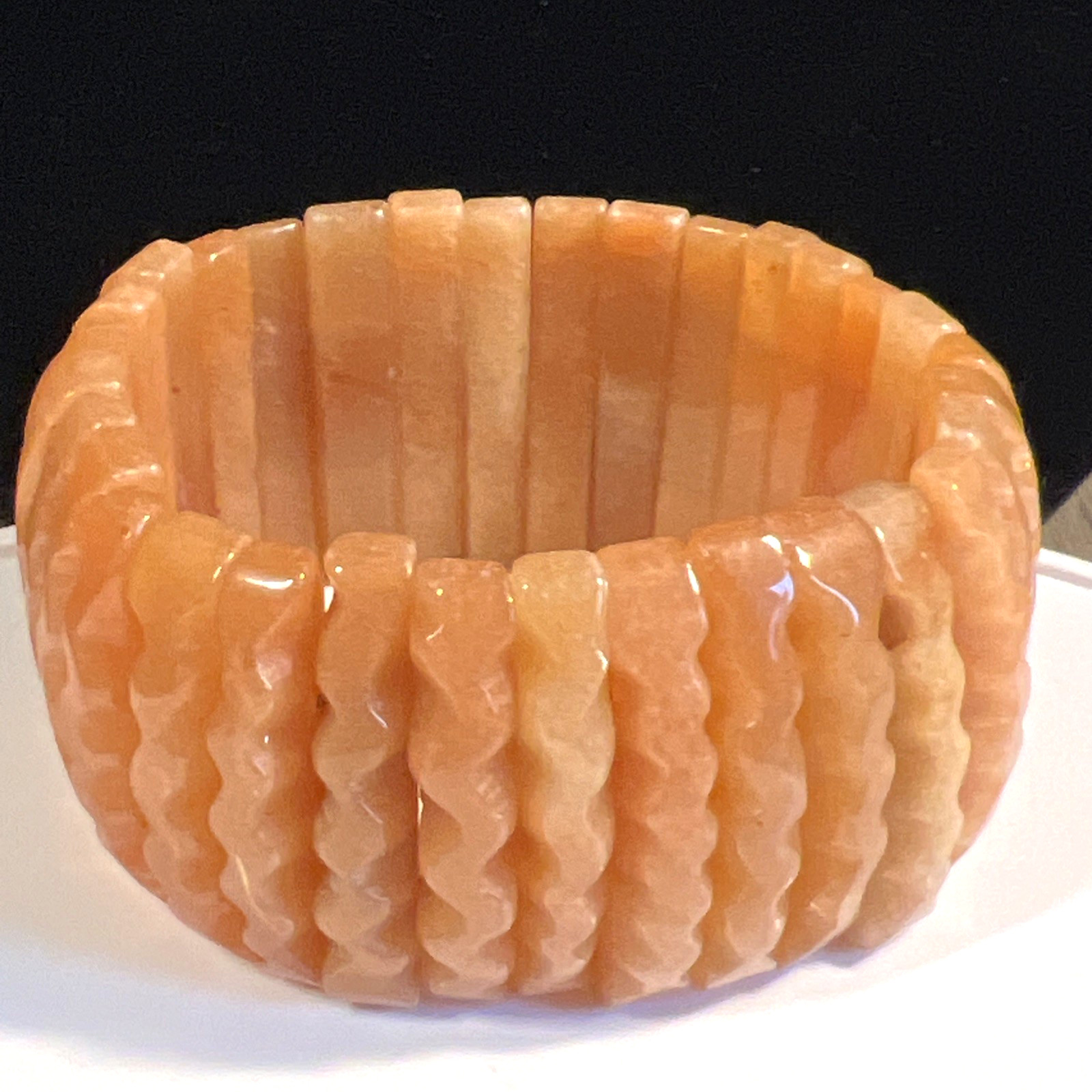 VTG Carnelian AGATE Gemstone Art Deco Chunky Beaded Stretch Bracelet Zig Zag