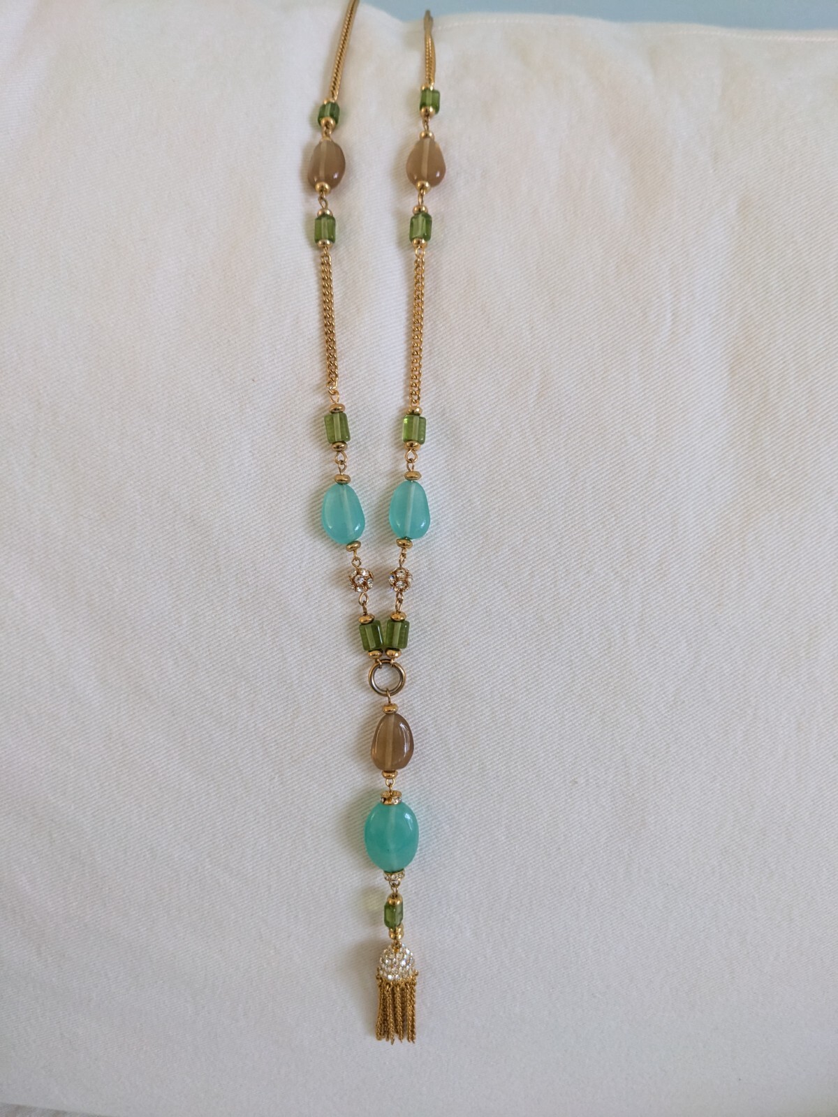 Kenneth Jay Lane Signed KJL Lucite Rhinestone Gold Tone Y-Necklace with Tassel