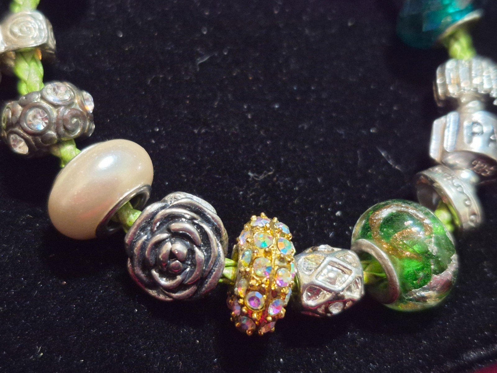 Pandora 7 3/4″ Leather Braid Bracelet Sterling Barrel Clasp & 18 Fancy Charms !!