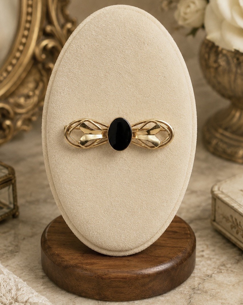 Vintage Carl Art 12K GF Genuine Onyx Bar Brooch Openwork Ribbon Mini Pin 1.8”