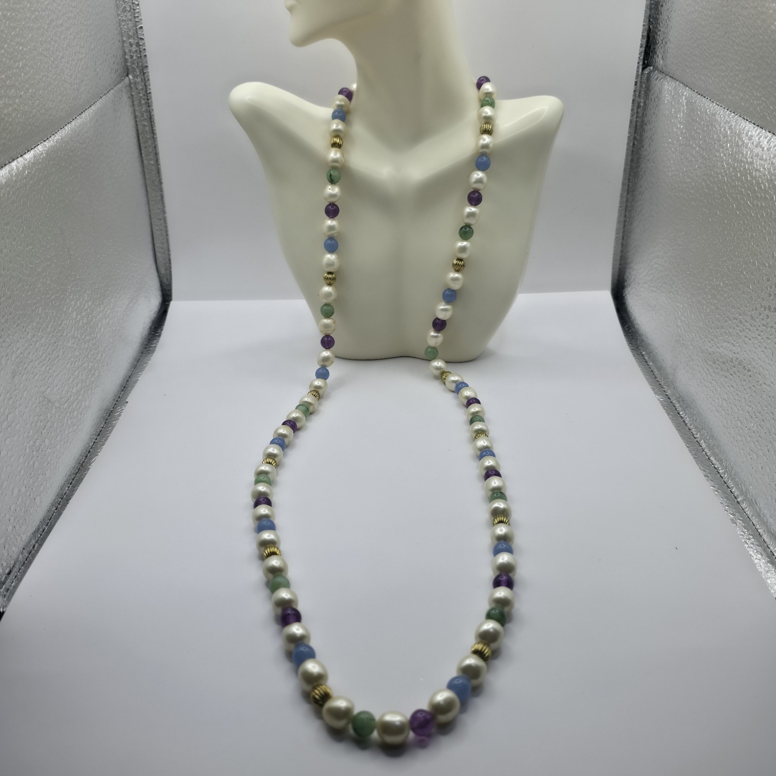 Avon 1986 VTG Faux Pearl White/Blue/Purple/Green and Goldtone Beaded Necklace
