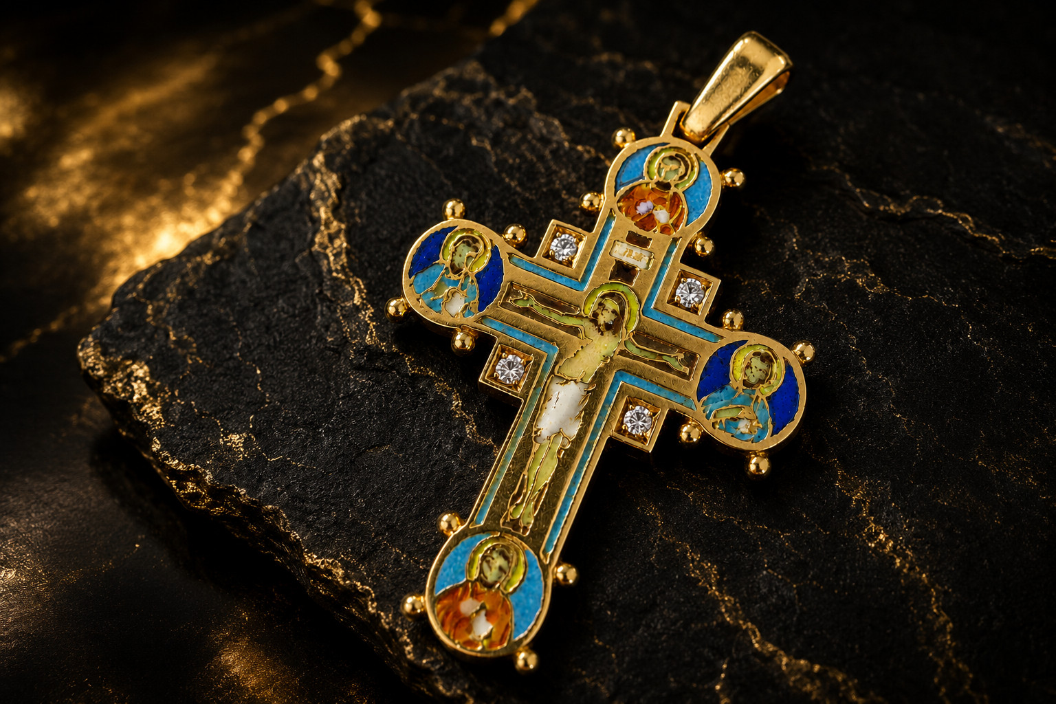 Antique Byzantine Revival Cross Pendant 18K Gold Enamel 4 Diamond Rare Religious