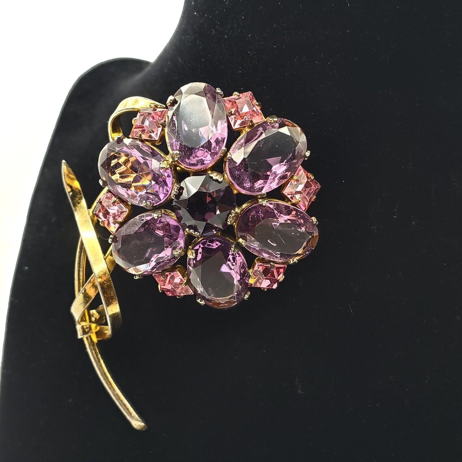 Flower Brooch Gold Vermeil Sterling Silver Pin Purple Glass Pink Rhinestone 40s