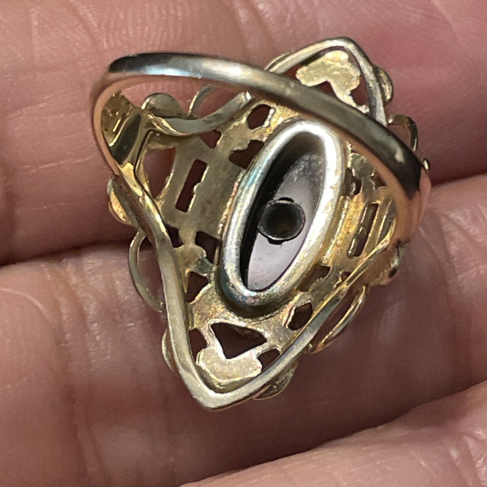Vintage PSCO 10K Gold Black Onyx Diamond Filigree Lace Cocktail Ring Size 7