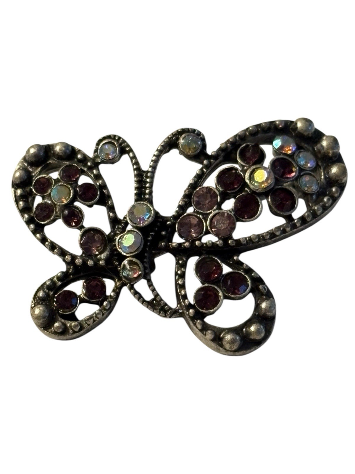 Butterfly Brooch Pin Silver Tone Purple Aurora Borealis Rhinestones Textured VTG