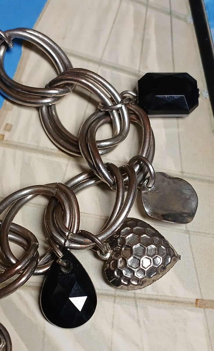 Monet Silver Tone Chain Link Bracelet w/9 Charms, Gems, Hearts and Flower Design