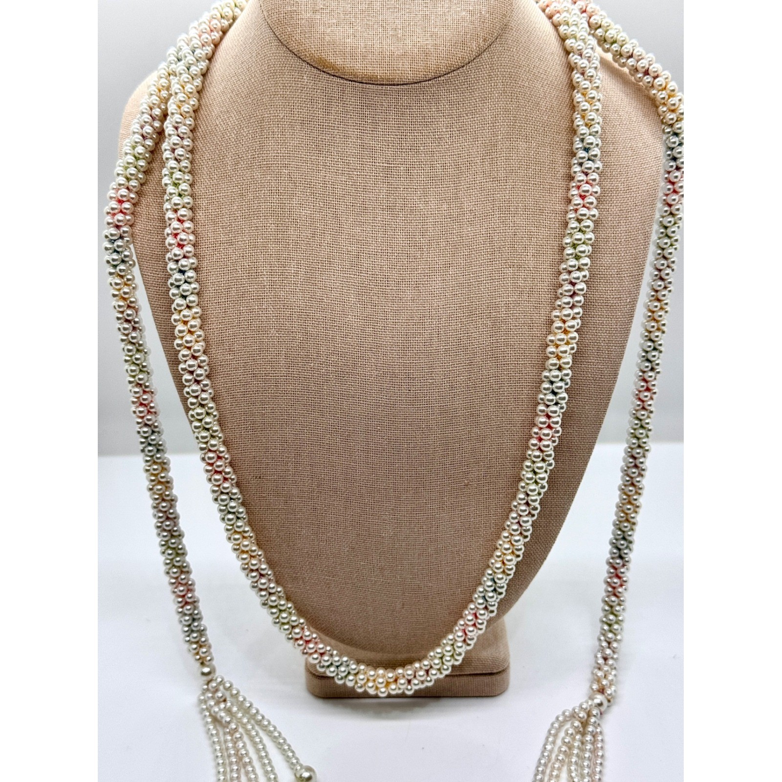 Vintage Faux Pearl Lariat Necklace Multi Strand Woven Tassel Wrap Cream 48 Inch