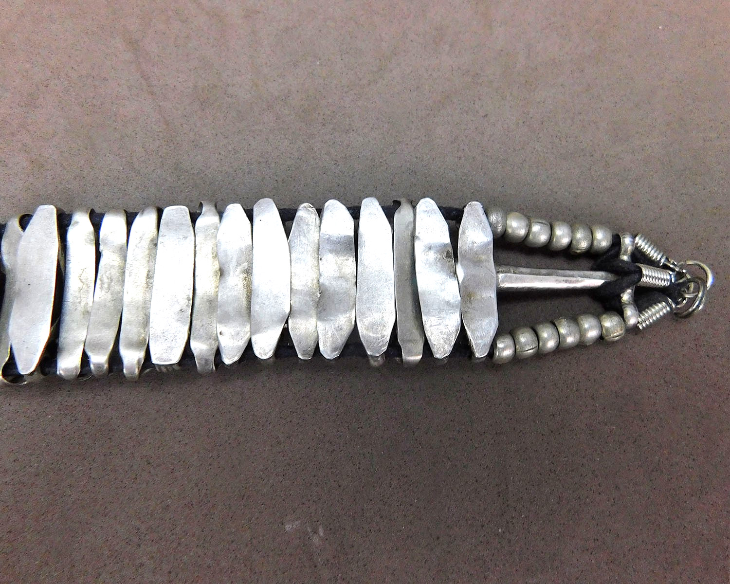 Vintage Handmade Segmented Silver Tone Metal Bracelet Small Stone Clean Used