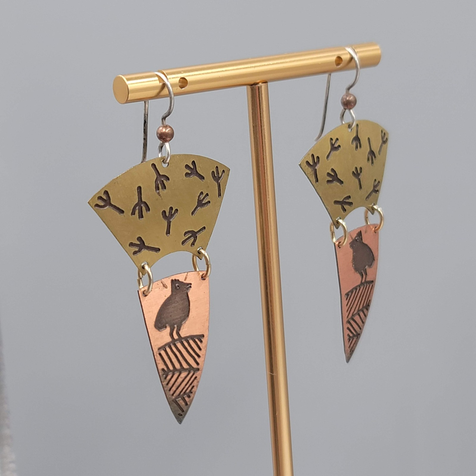 Vintage Bird Design Brass & Copper Pierced Earrings Dangle 2″