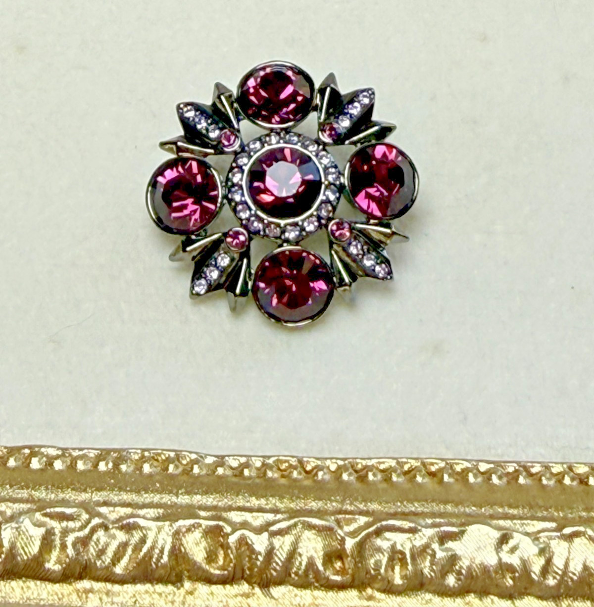 Signed Givenchy Brooch Dark Purple & Pink Rhinestone Crystals Gunmetal Starburst