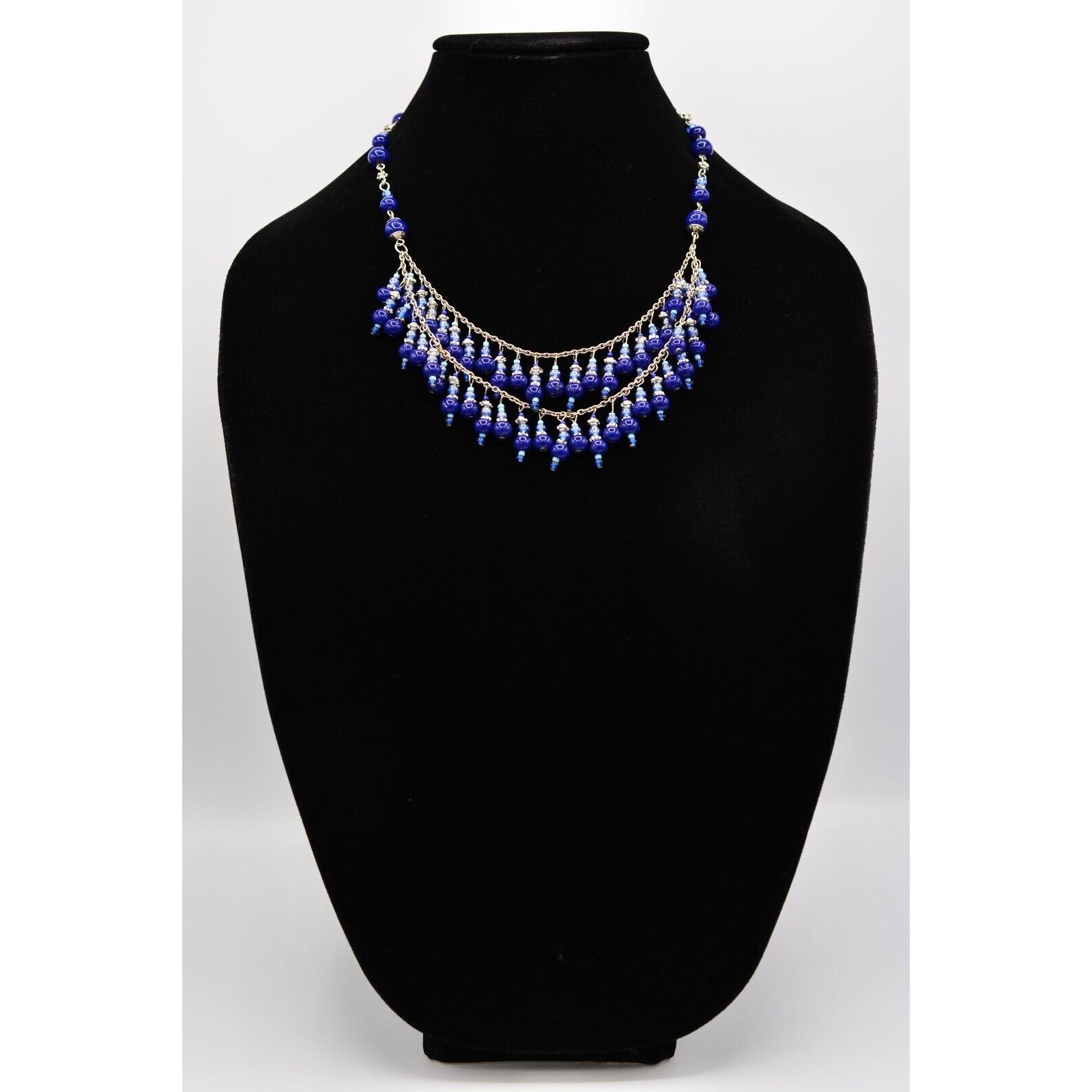 Vintage Beaded Necklace Glass Blue Silver Evil Eye Mediterranean Fringe 1990s 9A
