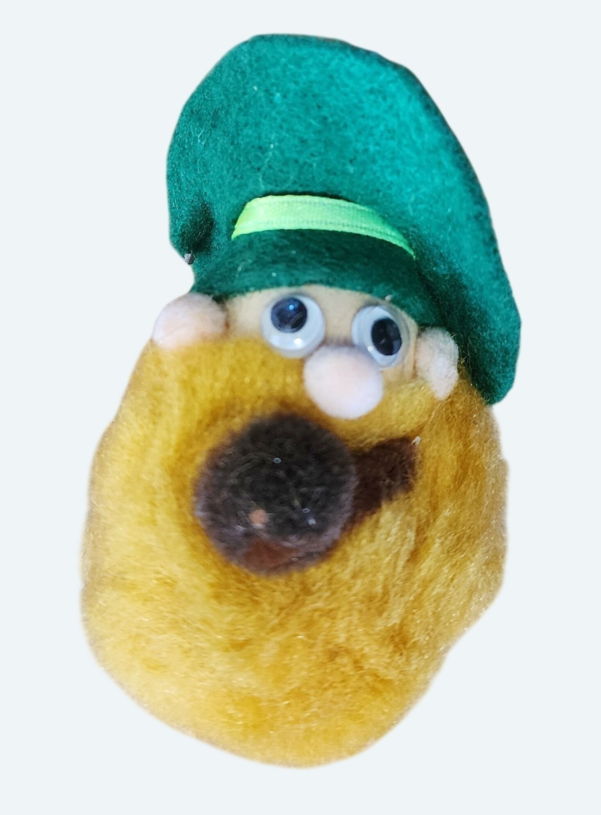 Vtg Handmade 3″ Leprechaun Pompom Head Pin Felt Hat Googly Eyes Pipe St Patrick
