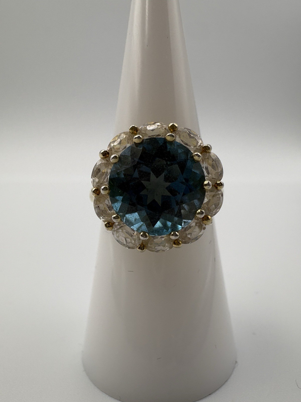 Sterling Silver STS 925 Gold Tone Blue And White Topaz Gemstone Ring SZ 7.5