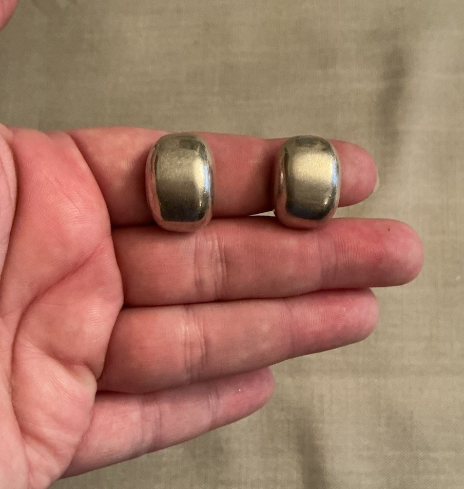 Vintage ATI Mexico Signed Puffy Sterling Silver Modernist Earrings Clip Curved