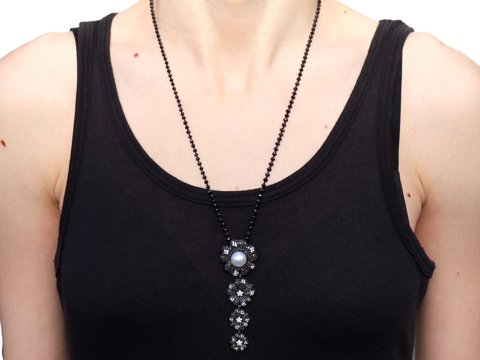 Cultured Pearl, Black Diamond, White Diamond, 18k Oxidised White Gold Pendant