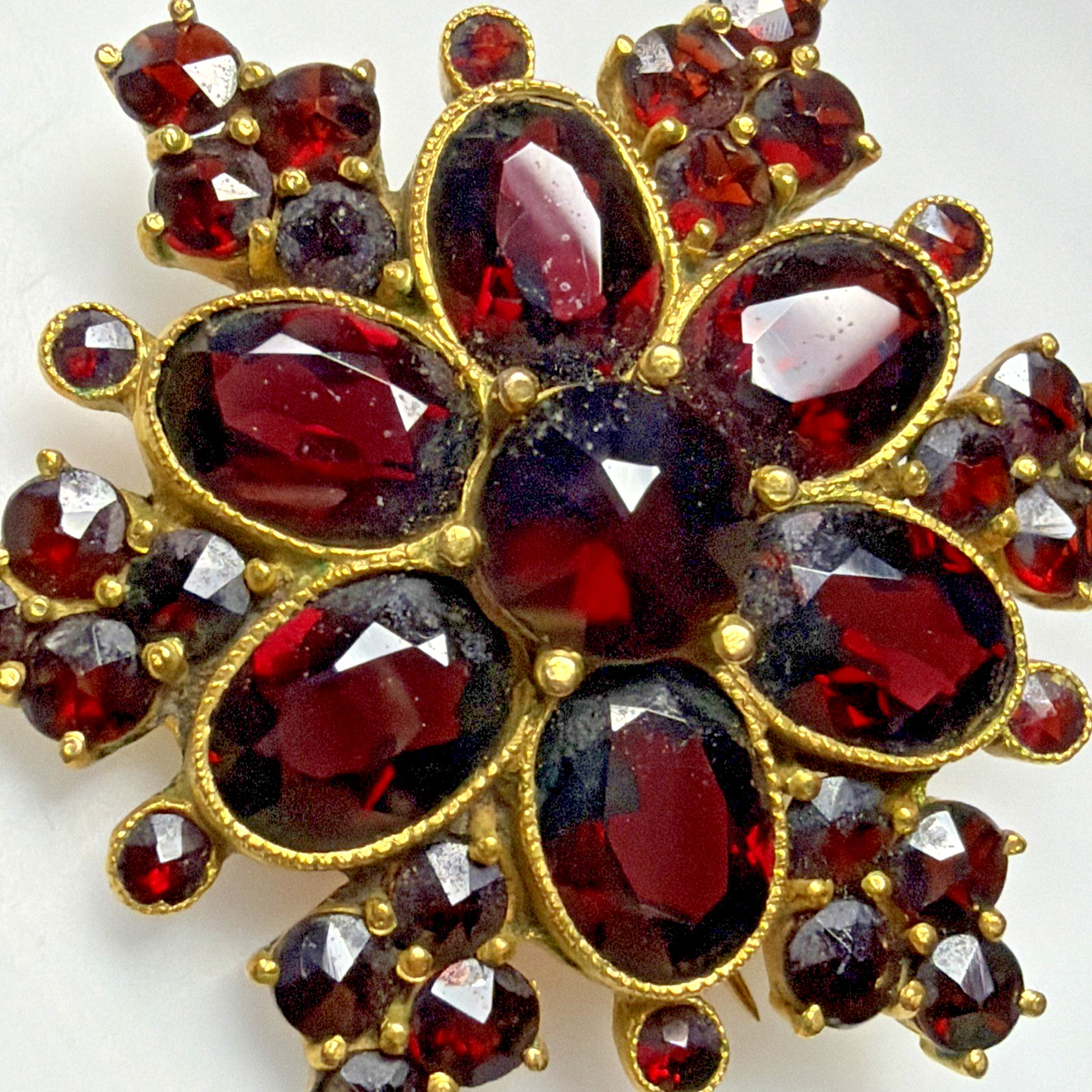 Victorian Red Garnet Star Snowflake Cluster Germany Brooch Pin Screw Earrings