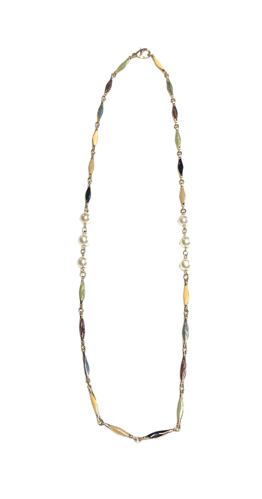 Vintage Gold Tone Multicolor Enamel Bar Link Elliptical Faux Pearl Necklace 25″
