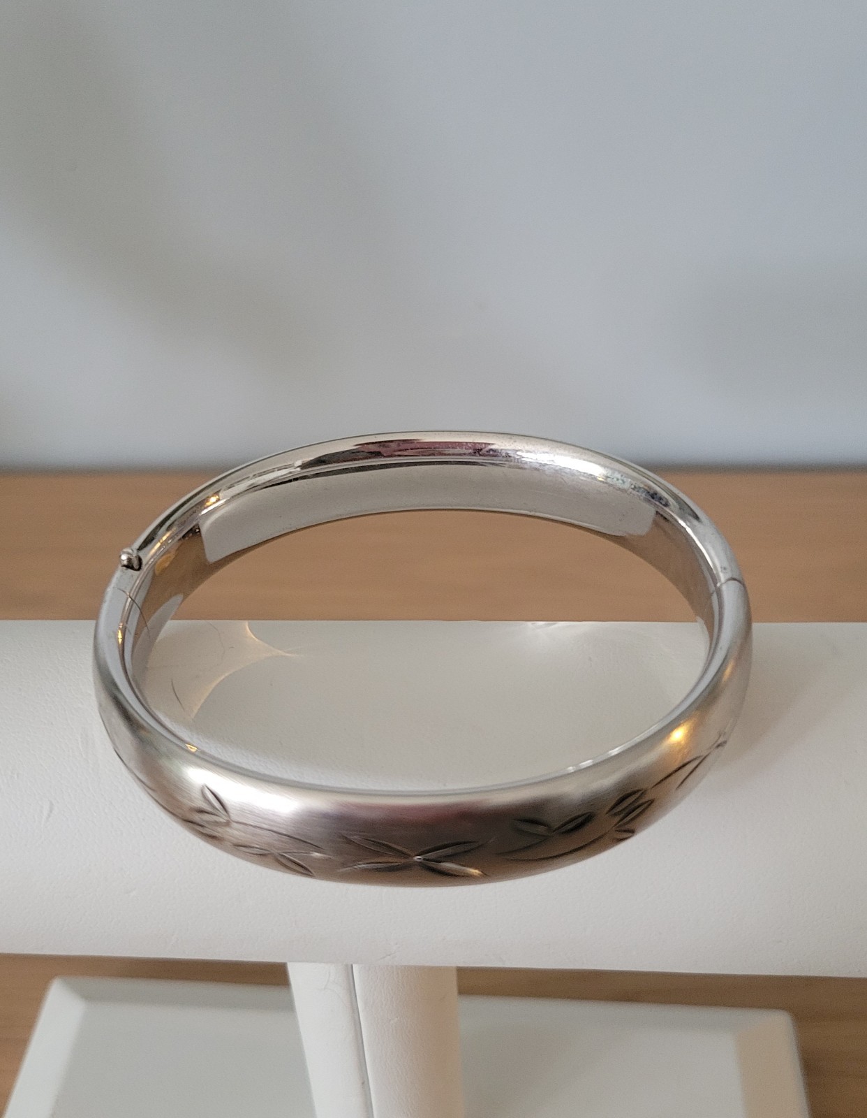 Vintage Sterling Silver H.F.B. Hinged Bracelet Etched Floral Brushed Finish