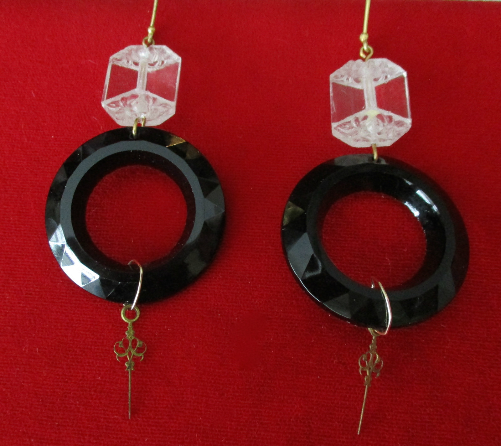 Pair of 3 1/2-Inch Deco Crystal & French Jet Earrings With Brass Trim