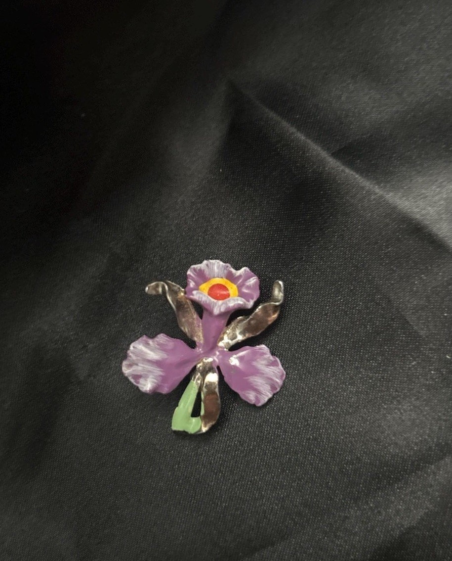 1920s Pot Metal Enamel Orchid Brooch | French Art Nouveau Purple Lavender Flower