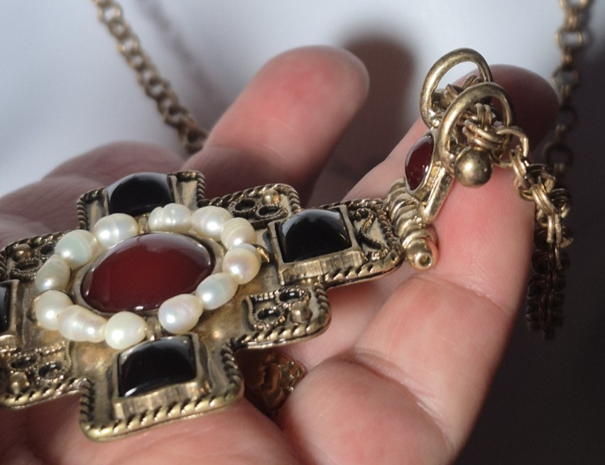 Dell’Olio Byzantine Cross Pendant Necklace Faux Pearl Red Black Statement