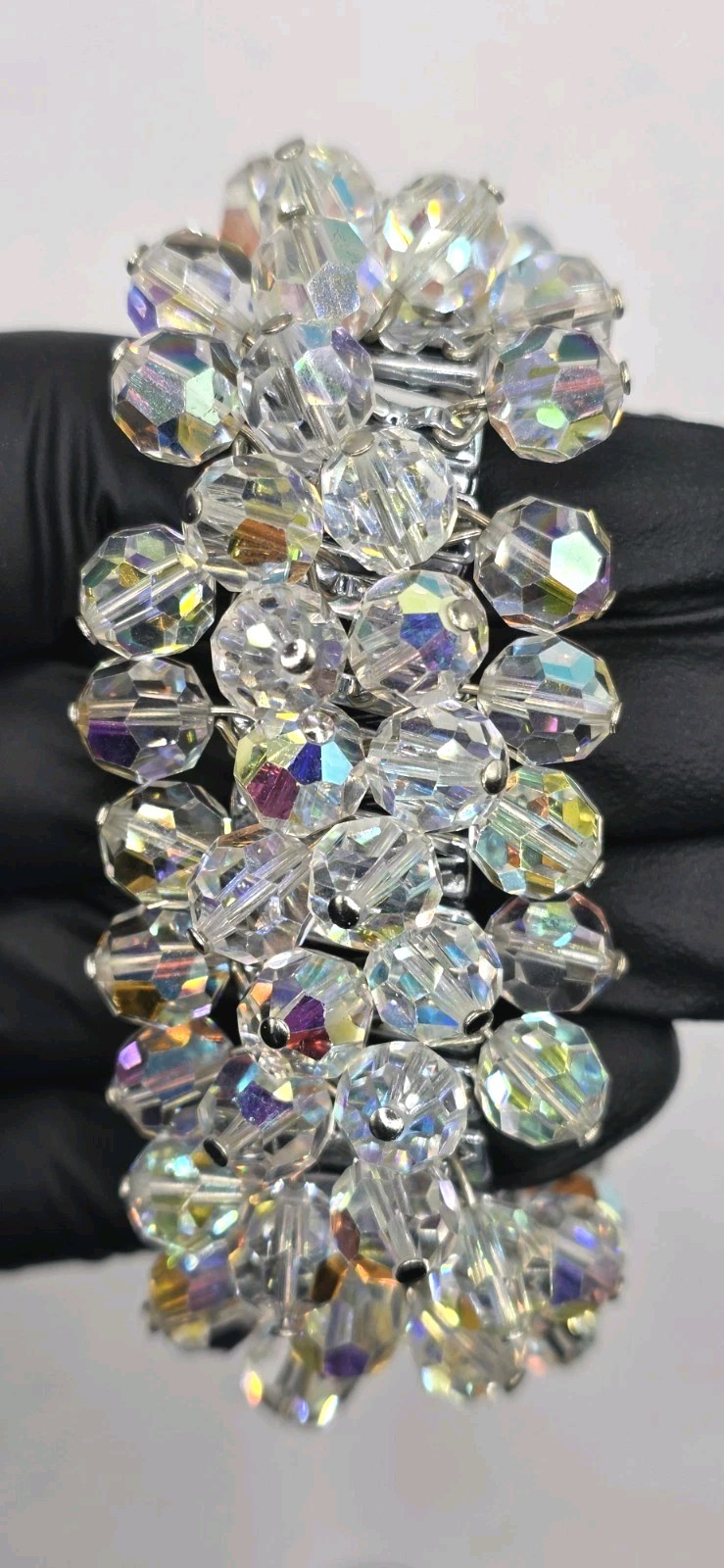 Vintage Japan Cha Cha Bracelet AB Crystal Glass Beaded Expansion 1950s Glam