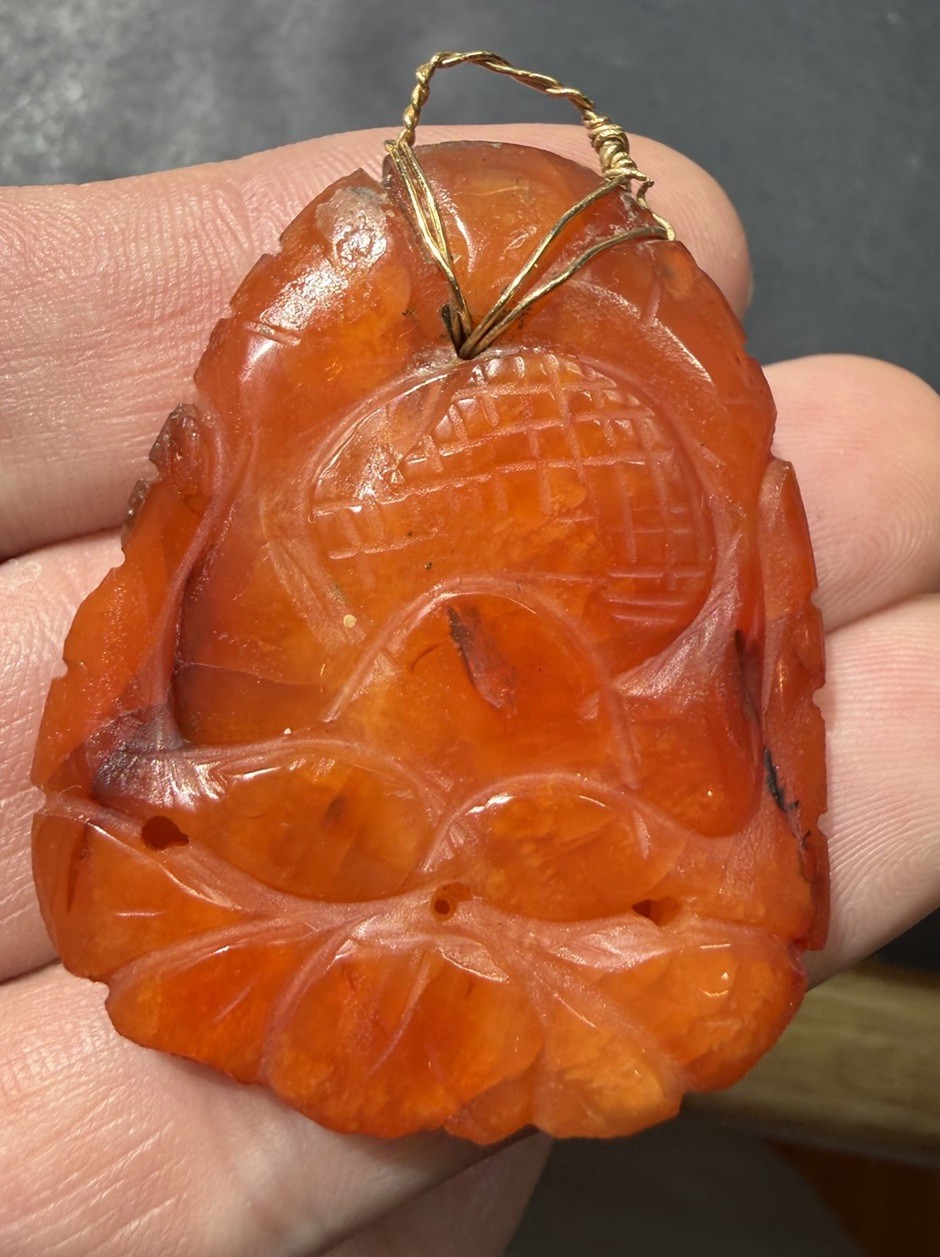 Vintage Carved Carnelian Stone Pendant 10k Solid Gold Wire Bail Old Repair