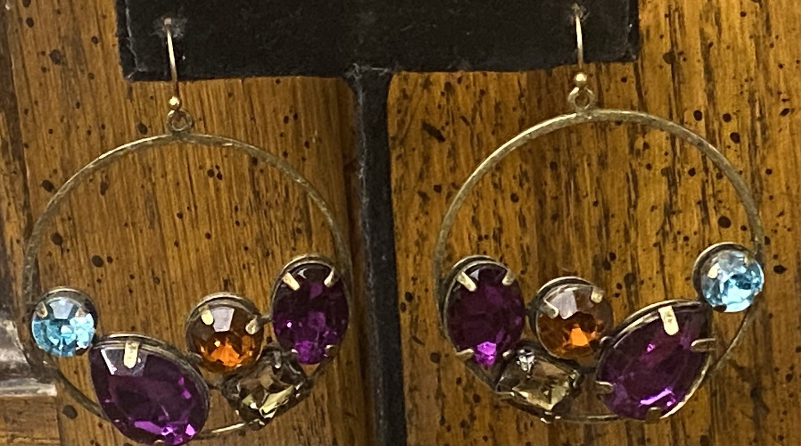 Vintage Gold Tone Drop Dangle Multicolor Big Sparkling Faux Prong Gemstones