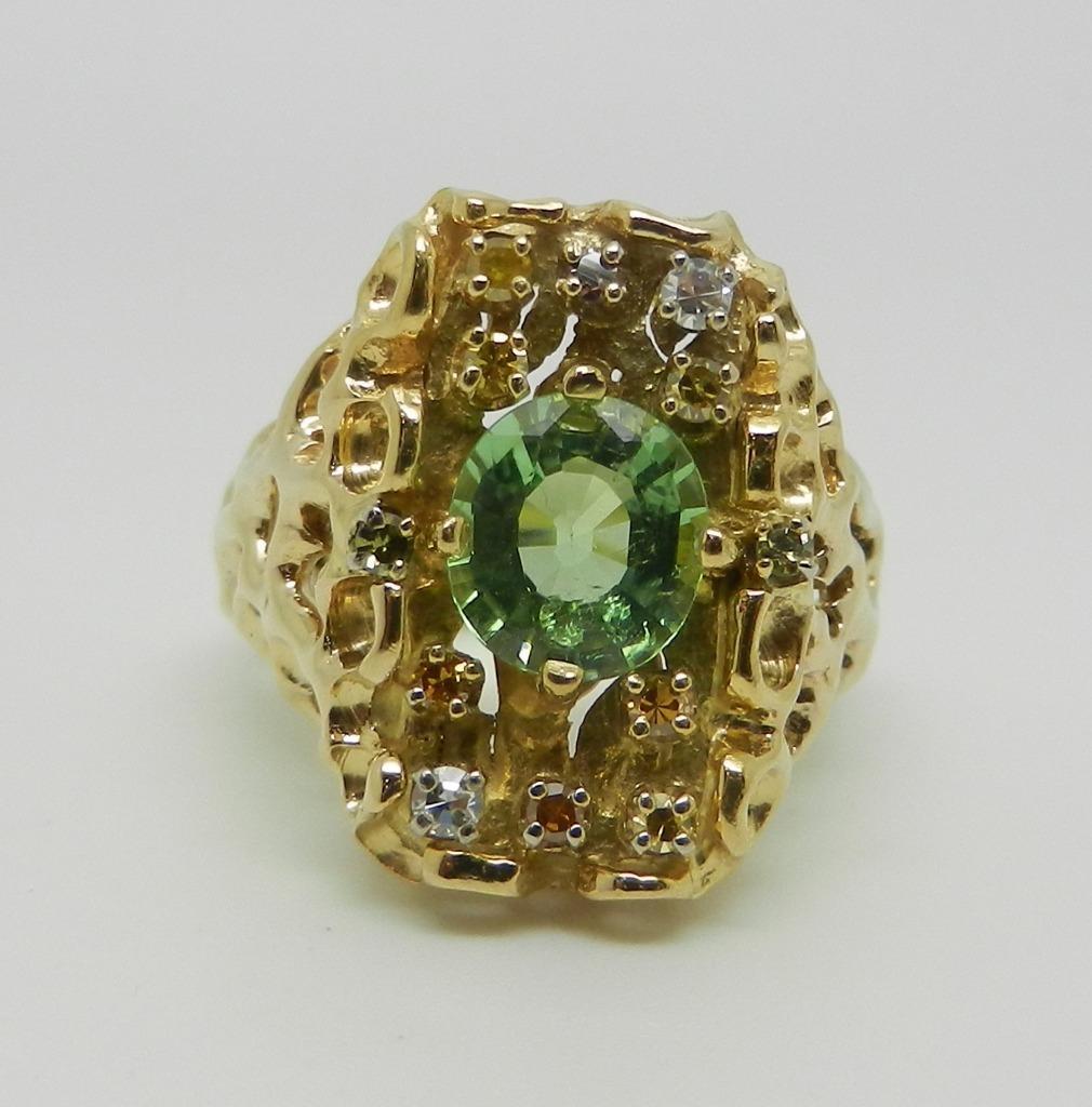 14K Yellow Gold GIA Certified Green Paraiba Tourmaline and Colored Diamond Ring