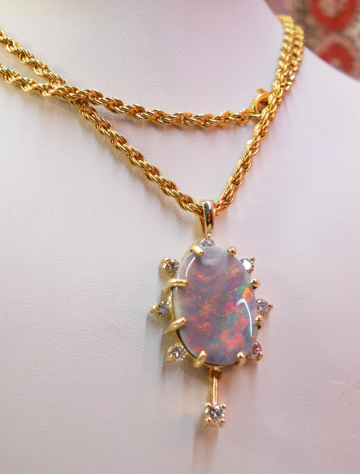 Estate Antique 14K Gold Large 10ct Black Opal Diamond Necklace Pendant
