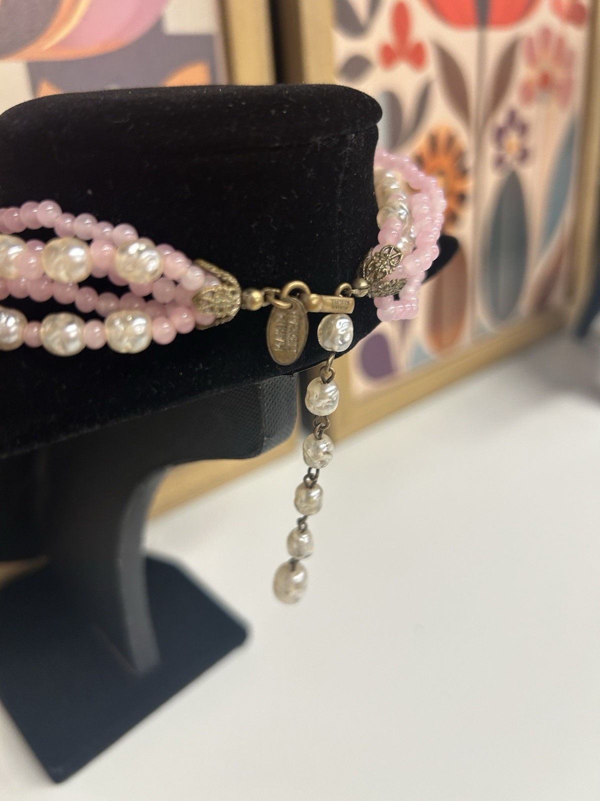 Miriam Haskell Pink Glass Bead And Faux Pearl Necklace/choker