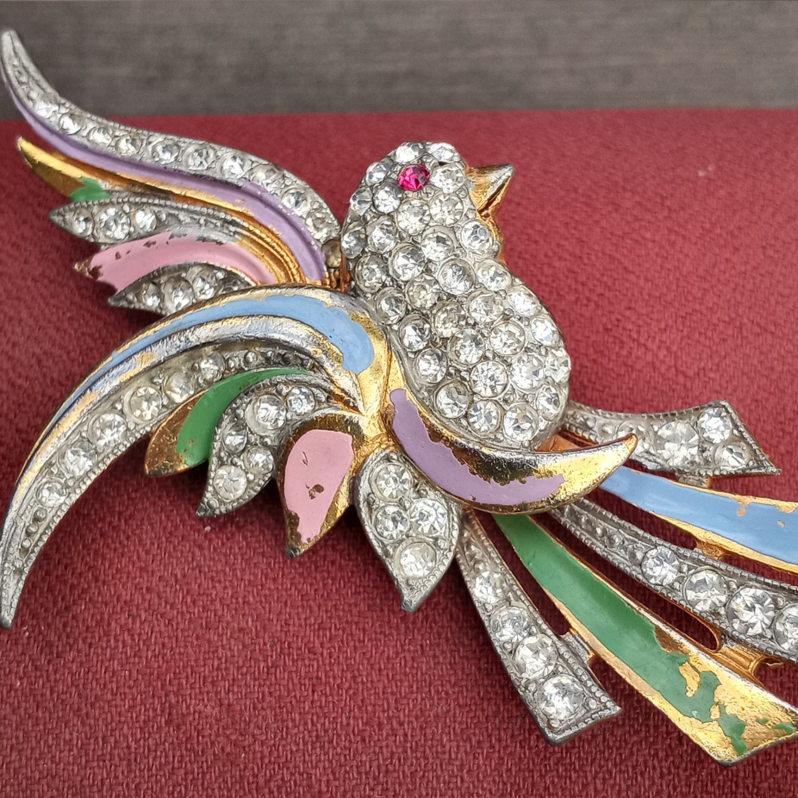 Vtg Coro? Clear Red Rhinestone Pink Blue Enameled Green Paradise Bird Brooch Pin