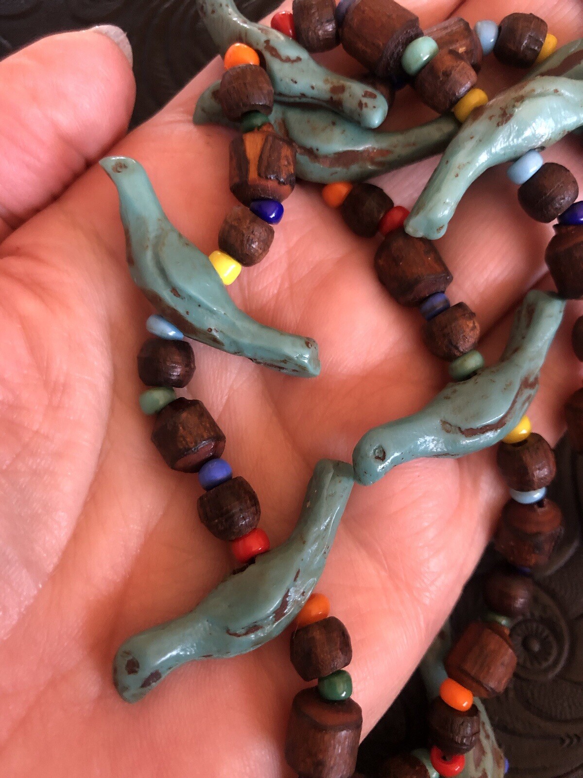 Vintage 1960s Blue Bird Fetish Necklace, Leather Wood Plastic Route 66 Souvenir