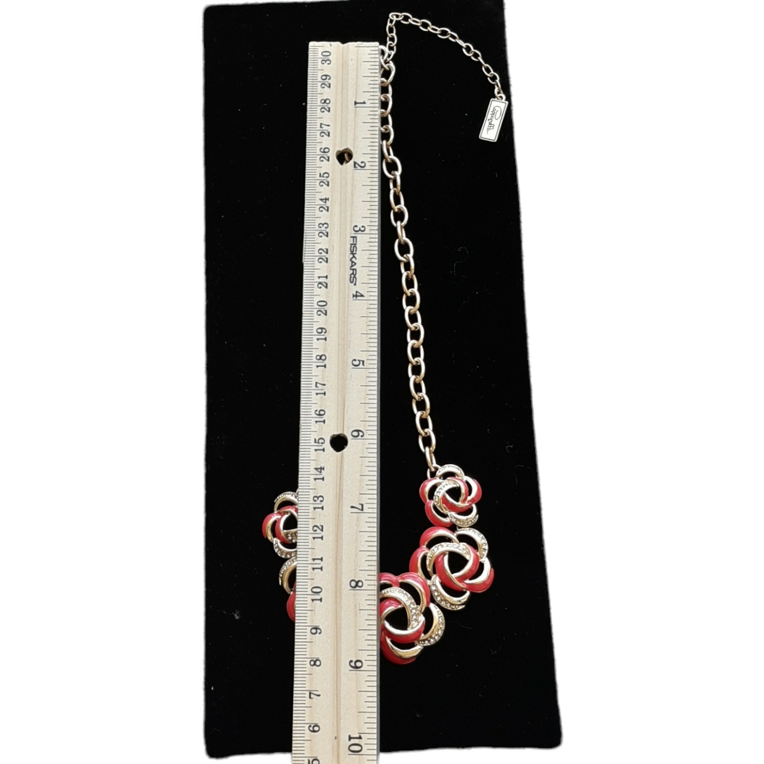 Pappagallo Salmon Color Rosette Rhinestones Stations Gold Tone Necklace READ*
