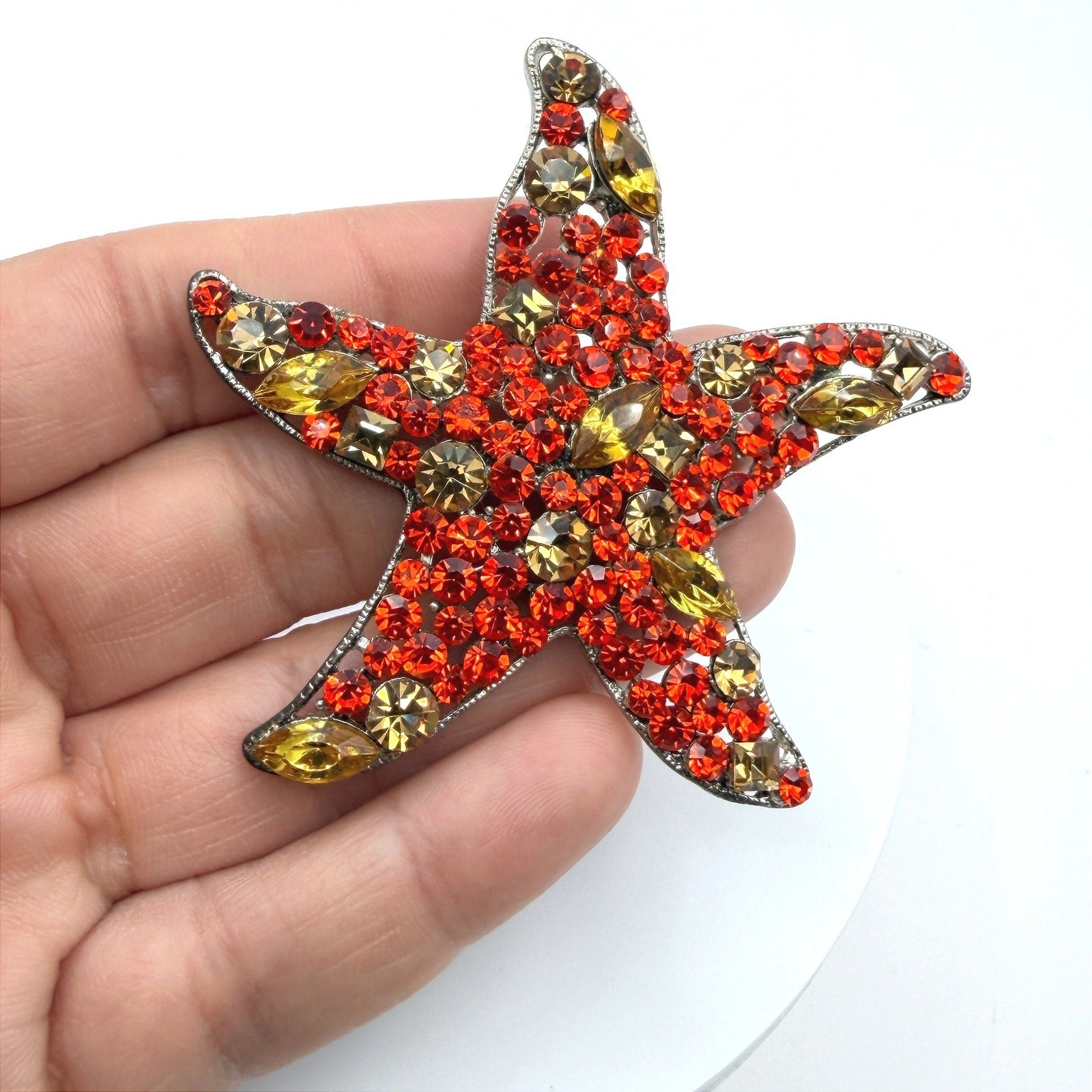 Vintage Red Yellow Rhinestones Silver-Tone Aluminium Starfish-Shaped Brooch Pin