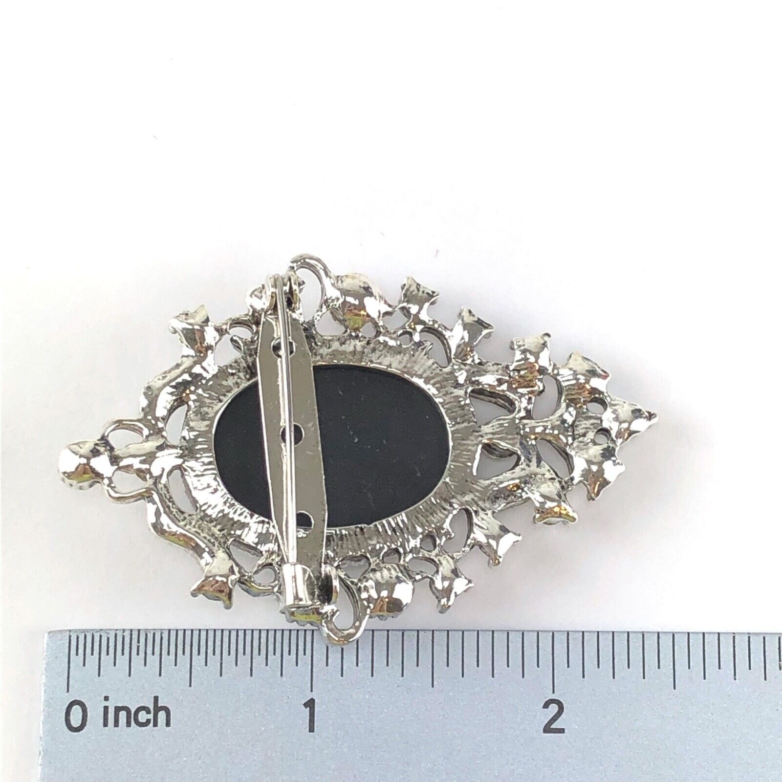 Brooch Black & Gray Cameo Silver Tone with Clear Crystals