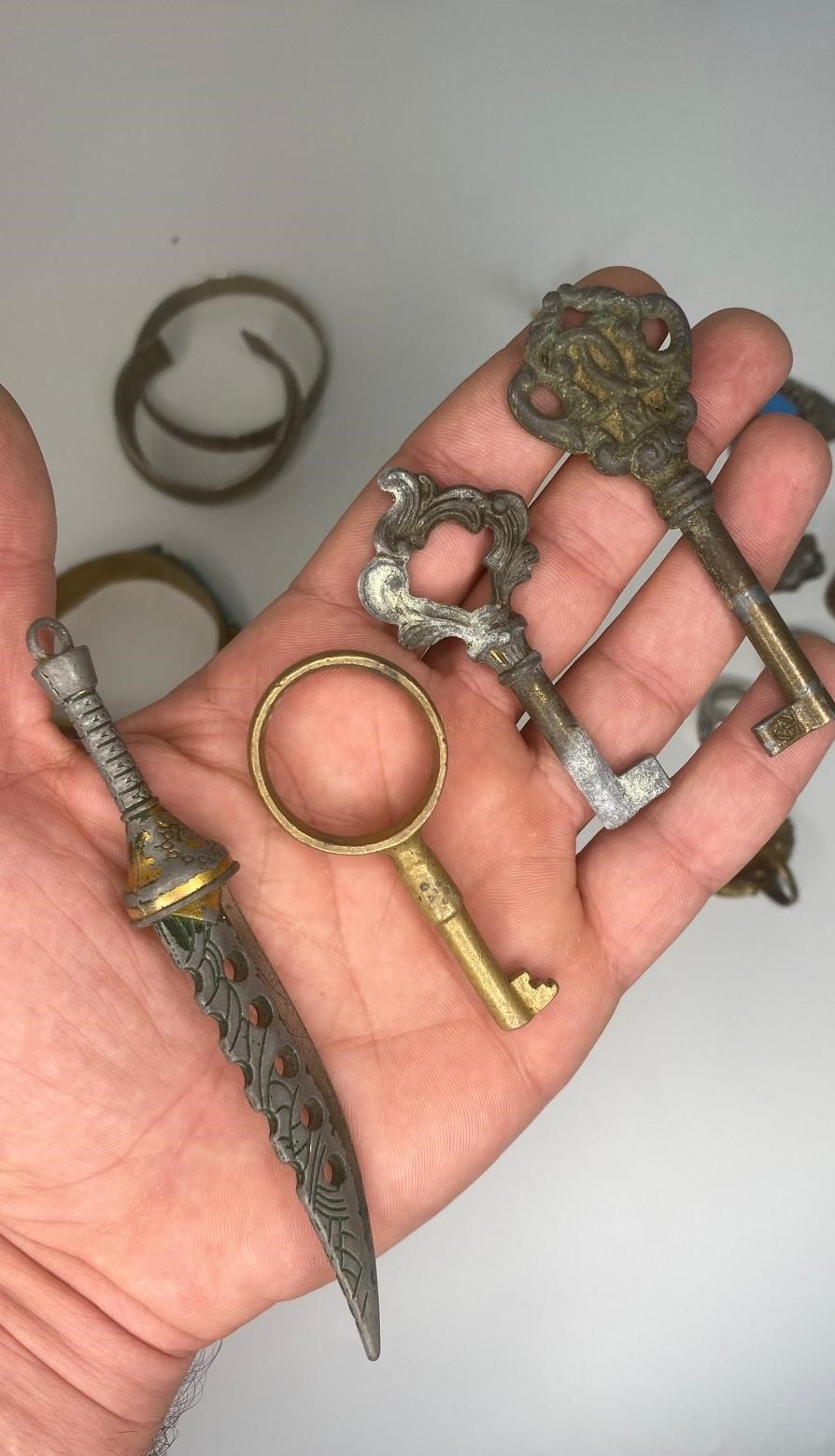 Vintage Jewelry & Curios Lot Bracelets Rings Keys Dagger Deer Figurine