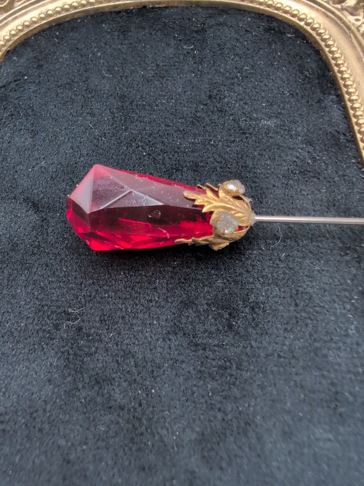Vintage Red Glass , Rhinestone, Brass Hat Pin 7.5″