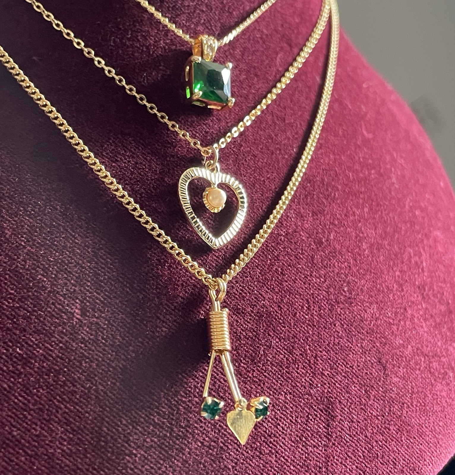 Vintage Dainty Necklace Set (3) Emerald Green Rhinestone Gold Tone Heart May Lot