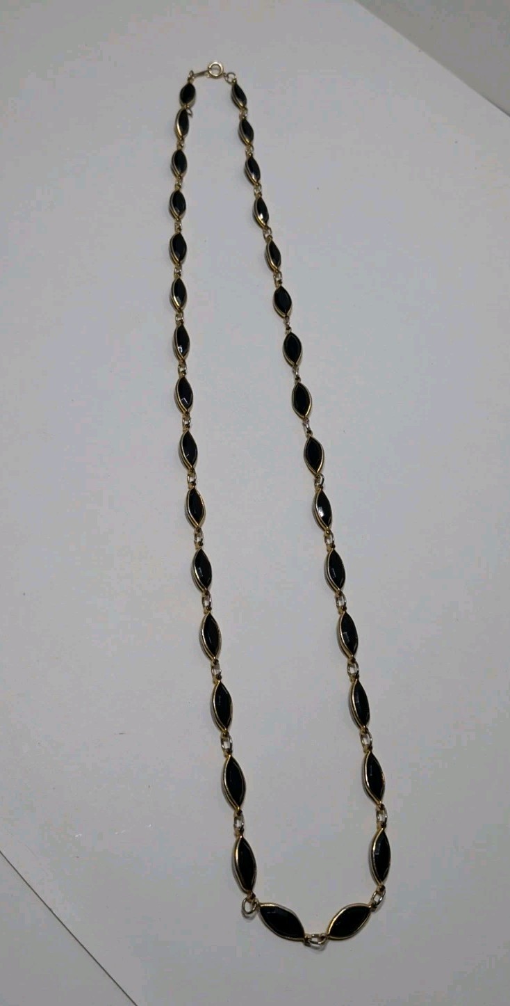 ✨VINTAGE✨ 29″ Goldtone Black Stones / Rhinestones Metal Links Necklace Costume