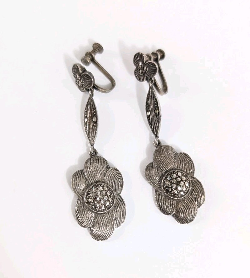 Art Deco Sterling Silver Marcasite Drop Flower Earrings – 925 Vintage