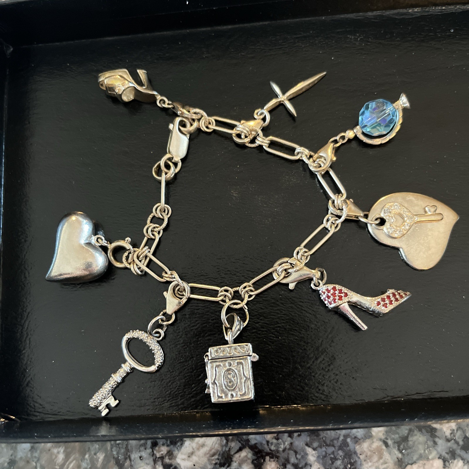 Sterling Silver Charm Bracelet 8 Charms Heart Key Cross Shoes Prayer Box