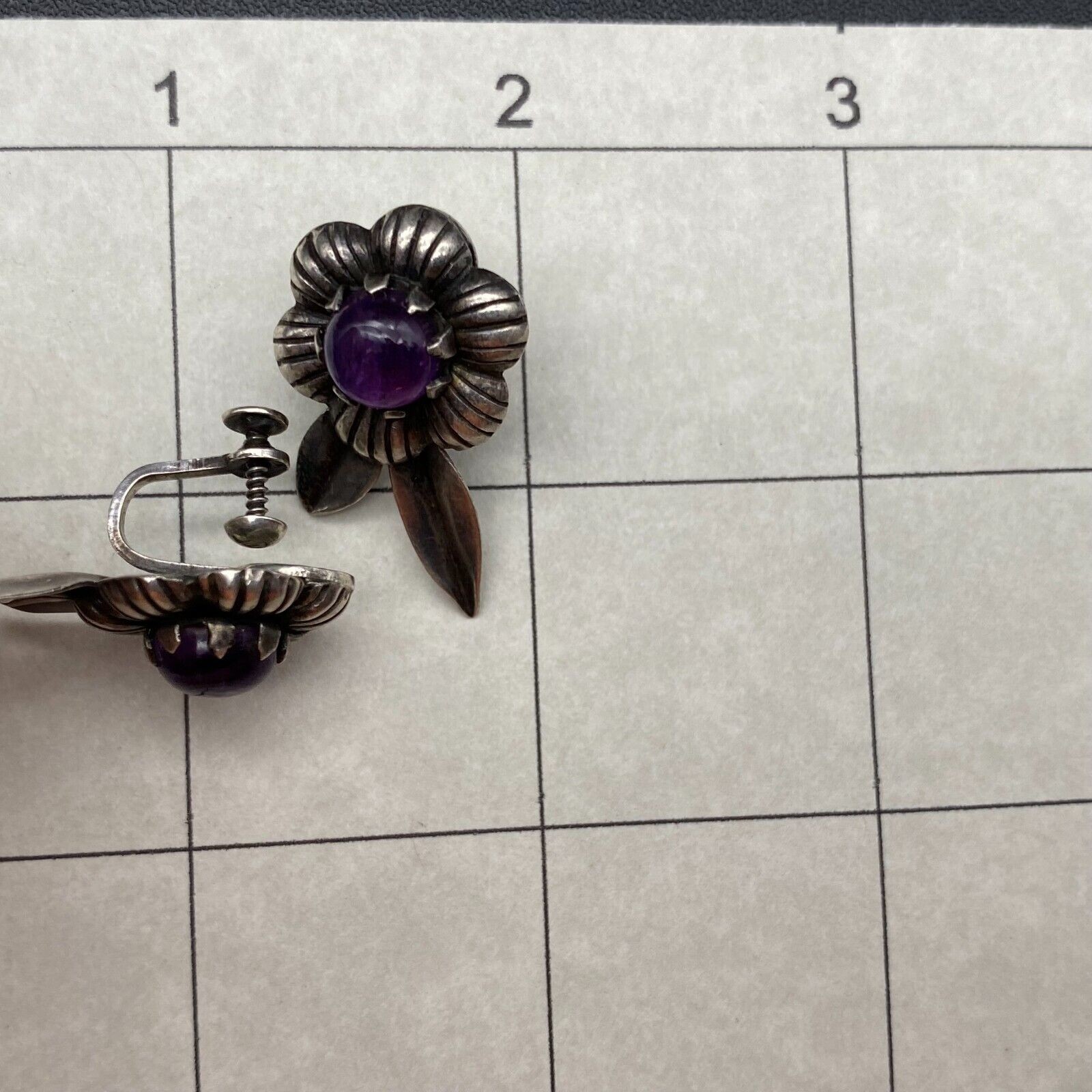Vintage Mexico Amethyst Flower Sterling Silver Taxco 980 Screw Back Earrings